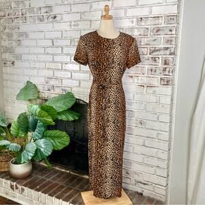 Vintage 90s Misty Lane Leopard Print Crew Neck Side Slit Short Sleeve Maxi Dress